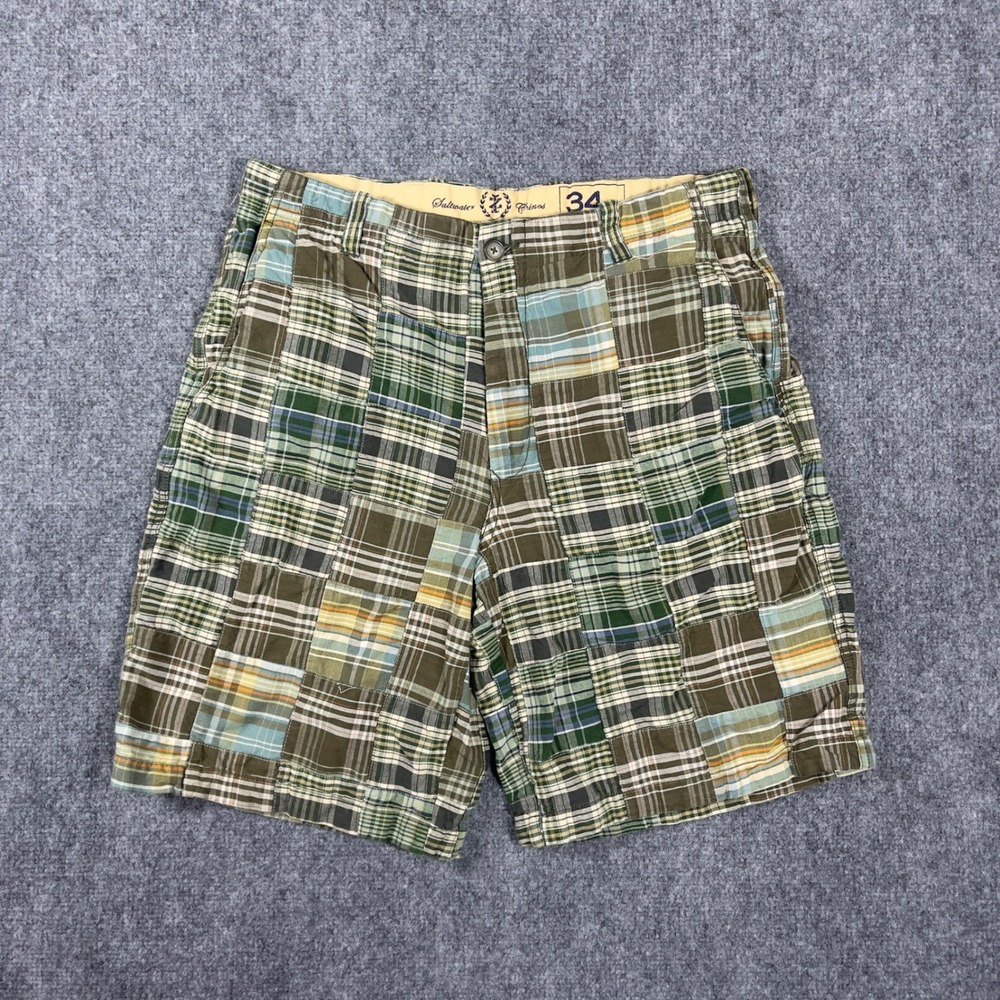 Izod Saltwater Chinos Shorts Mens 32 Green Patchwork Madras Plaid Cotton